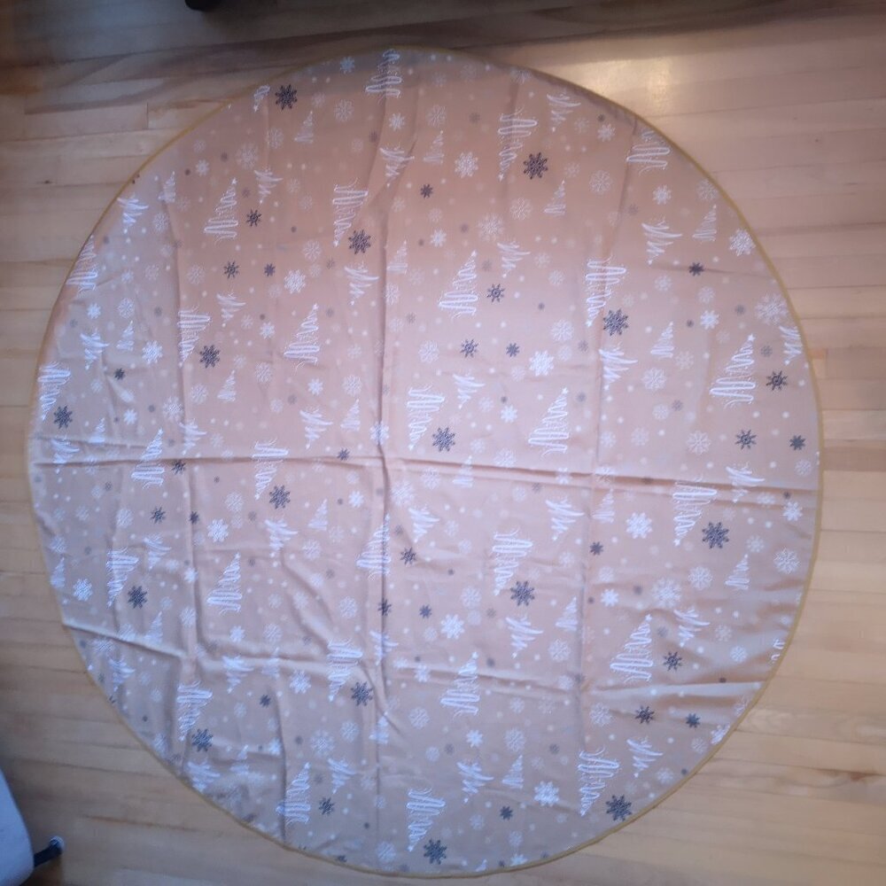 Round Fabric Tablecloth Gold w/ Black & White Holiday Patterned 70 1/2" Across
